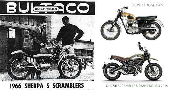Scrambler motorbikes examples like Triumph TR6 at the end of the 50s, Ducati Scrambler 2015 and Bultaco Sherpa S Scrambler of the 60s
