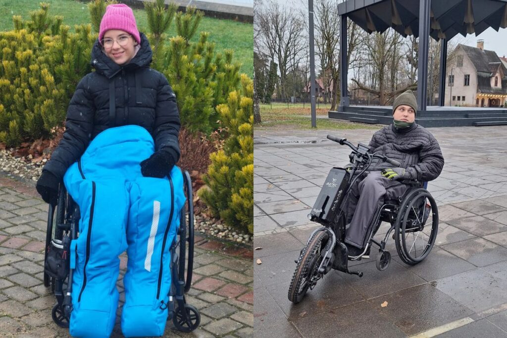 Two people wearing adaptive clothing for wheelchair users Two people wearing adaptive clothing for wheelchair users for winter and one of them is using a Batec handbike
