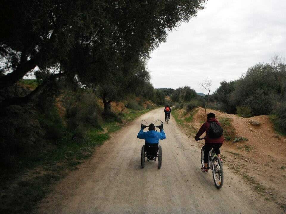 persona en silla de ruedas y handbike junto a amigos en bicicleta en una vía verde accesible