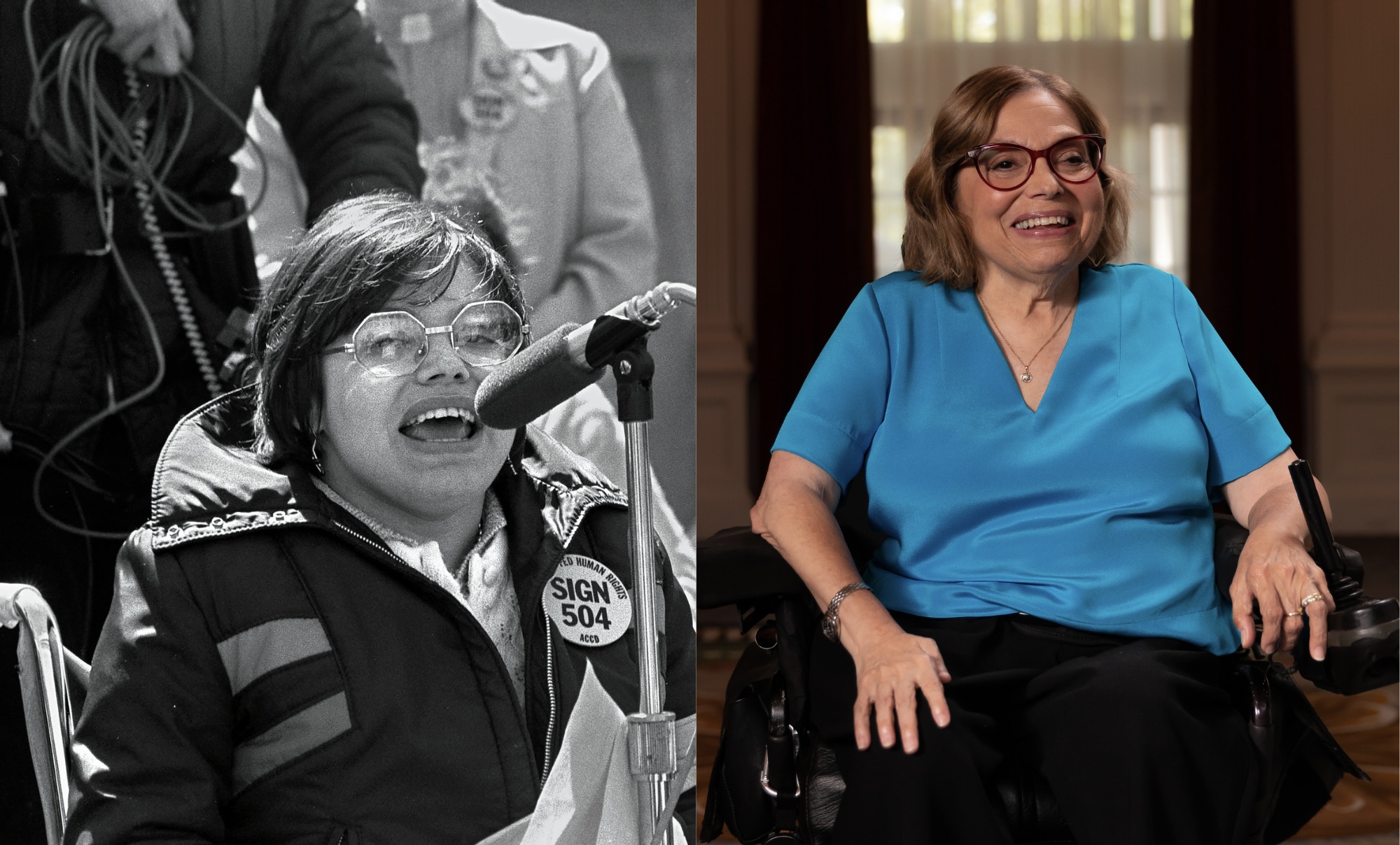 Judith Heumann activista en defensa de los derechos de las personas con discapacidad en una charla.