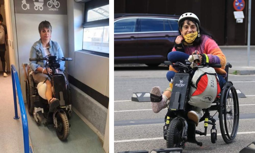 mujeres con elevapiernas y silla de ruedas usando un handbike batec mobility