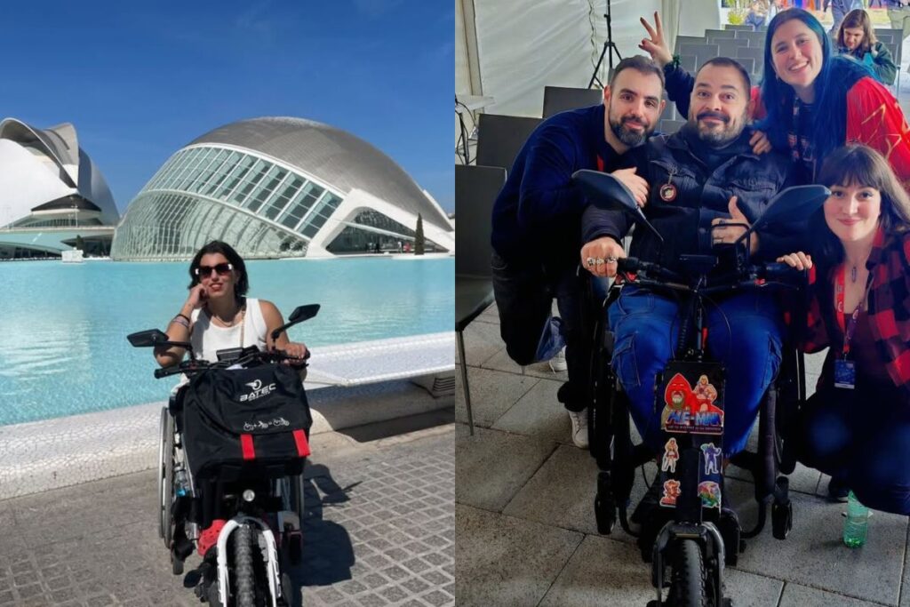 mujer en silla de ruedas y handbike personalizada a la izquierda. Hombre con handbike personalizado a la derecha.