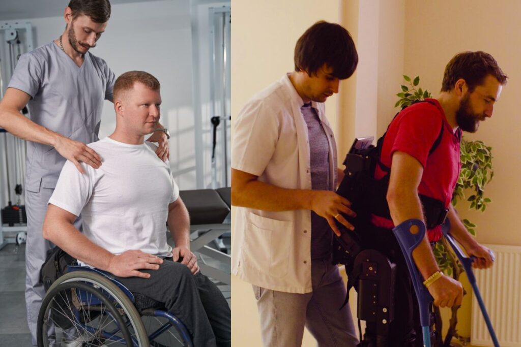 Pacientes con lesión medular durante sesiones de rehabilitación: uno trabaja con su fisioterapeuta en silla de ruedas y otro utiliza un exoesqueleto.